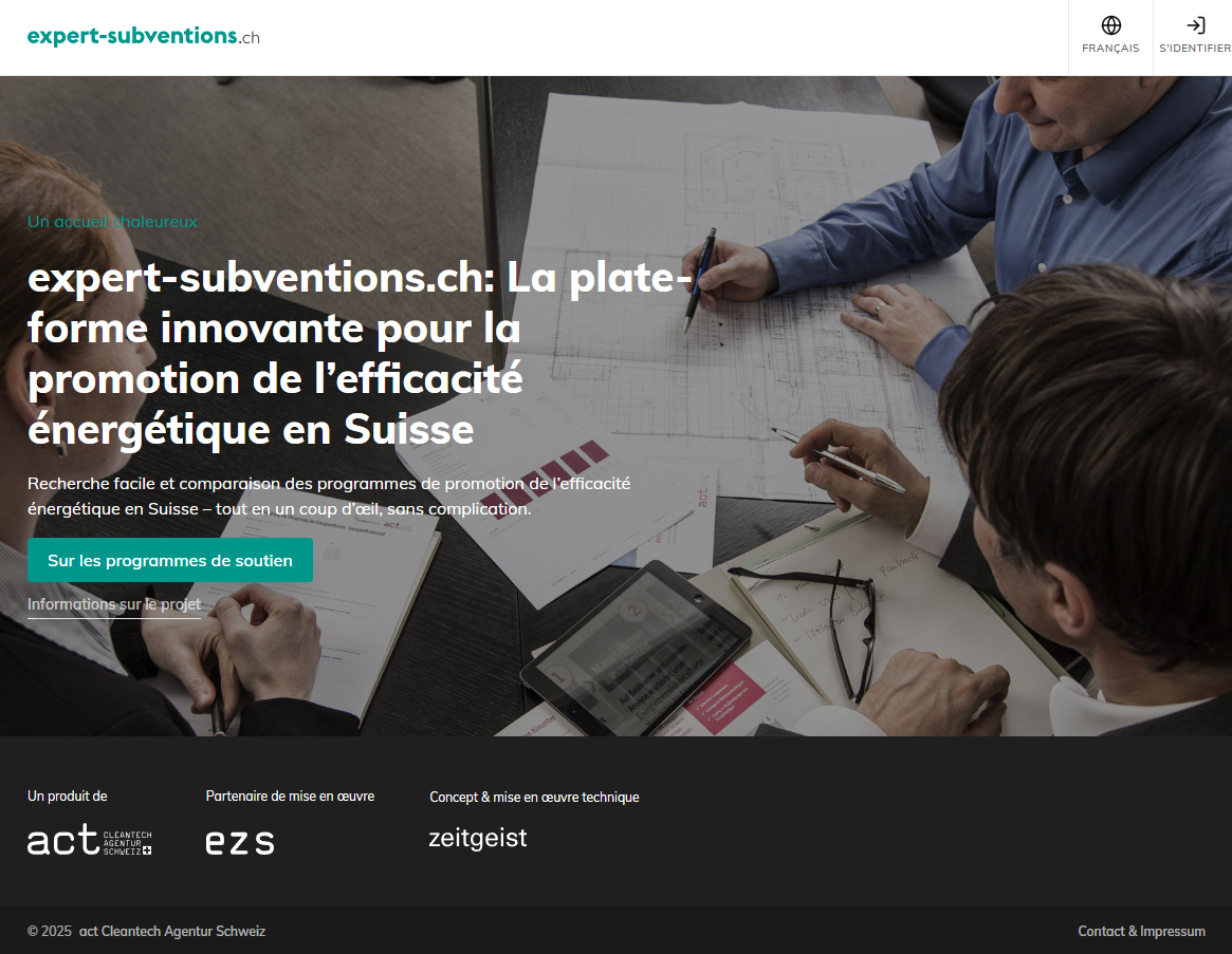 Aperçu d’expert-subventions.ch, la plateforme innovante pour la promotion de l’efficacité énergétique en Suisse par act l’agence Cleantech Suisse, 2025