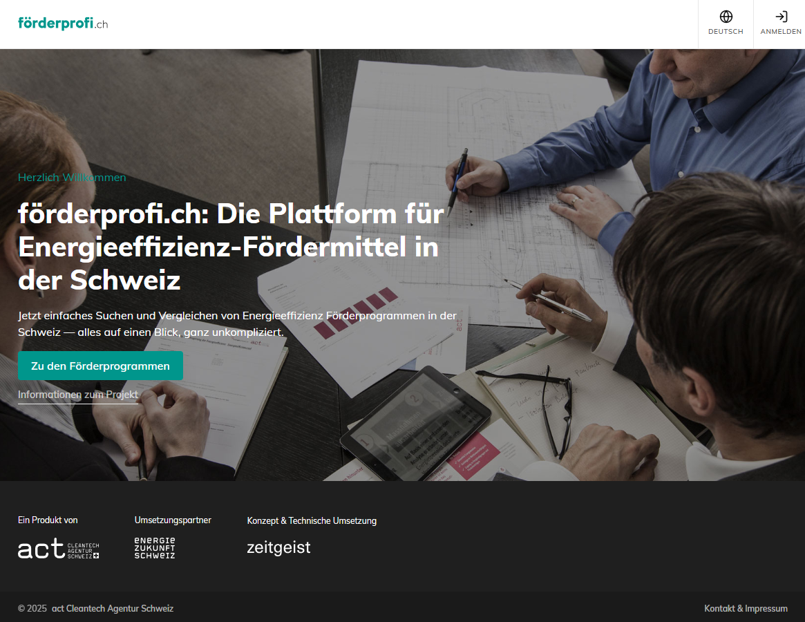 Schnappschuss von Förderprofi.ch – die Plattform für Energieeffizienz-Fördermittel in der Schweiz von der act Cleantech Agentur Schweiz, 2025